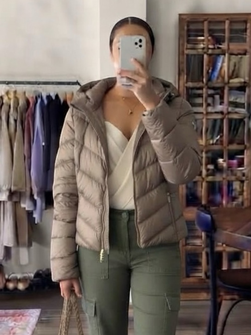 MICHAEL Michael Kors Taupe Packable Lightweight Down Puffer Jacket Women's XL